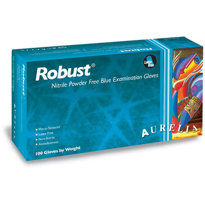  Aurelia Robust - Soft Nitrile Blue Exam Glove, Front of box view.