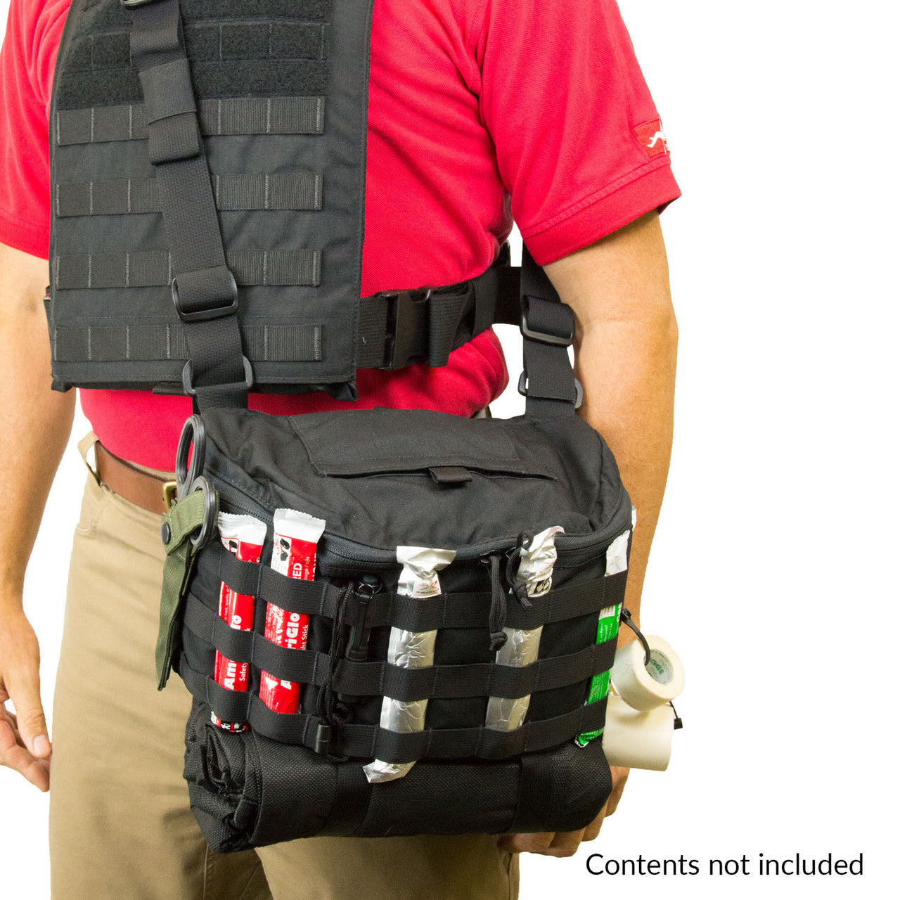 TACOPS™ Tactical EMS (TEMS) Bag fully loaded with supplies paired with vest