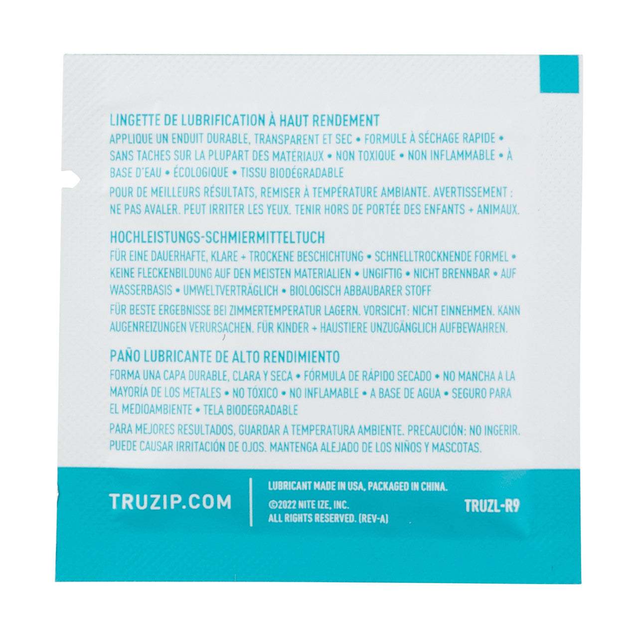 TRU® Zip High Performance Lubricant Wipe, back packaged