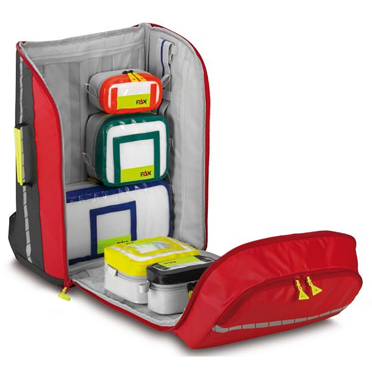 PAX Flight Medic red backpack, front view, open. 