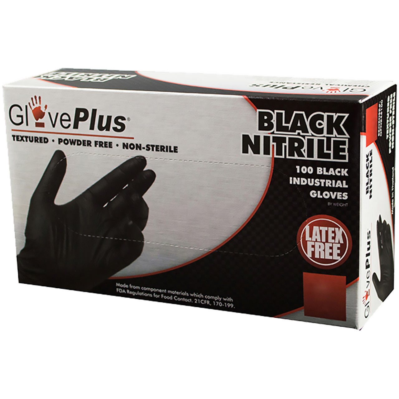 GlovePlus Black Nitrile Gloves, Front of box view. 