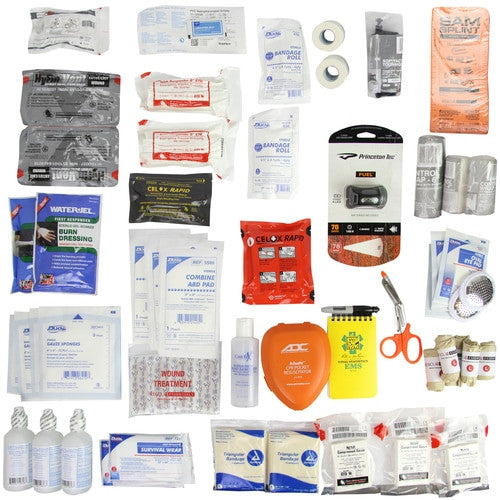 Range Master Medical Kit by rescue essentials showing bag contents laid out