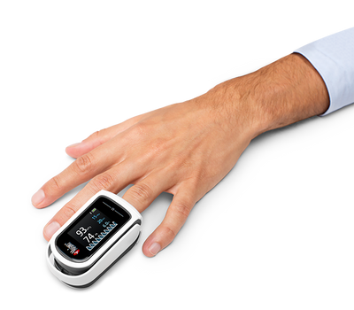 MightySat Rx Fingertip Pulse Oximeter on hand
