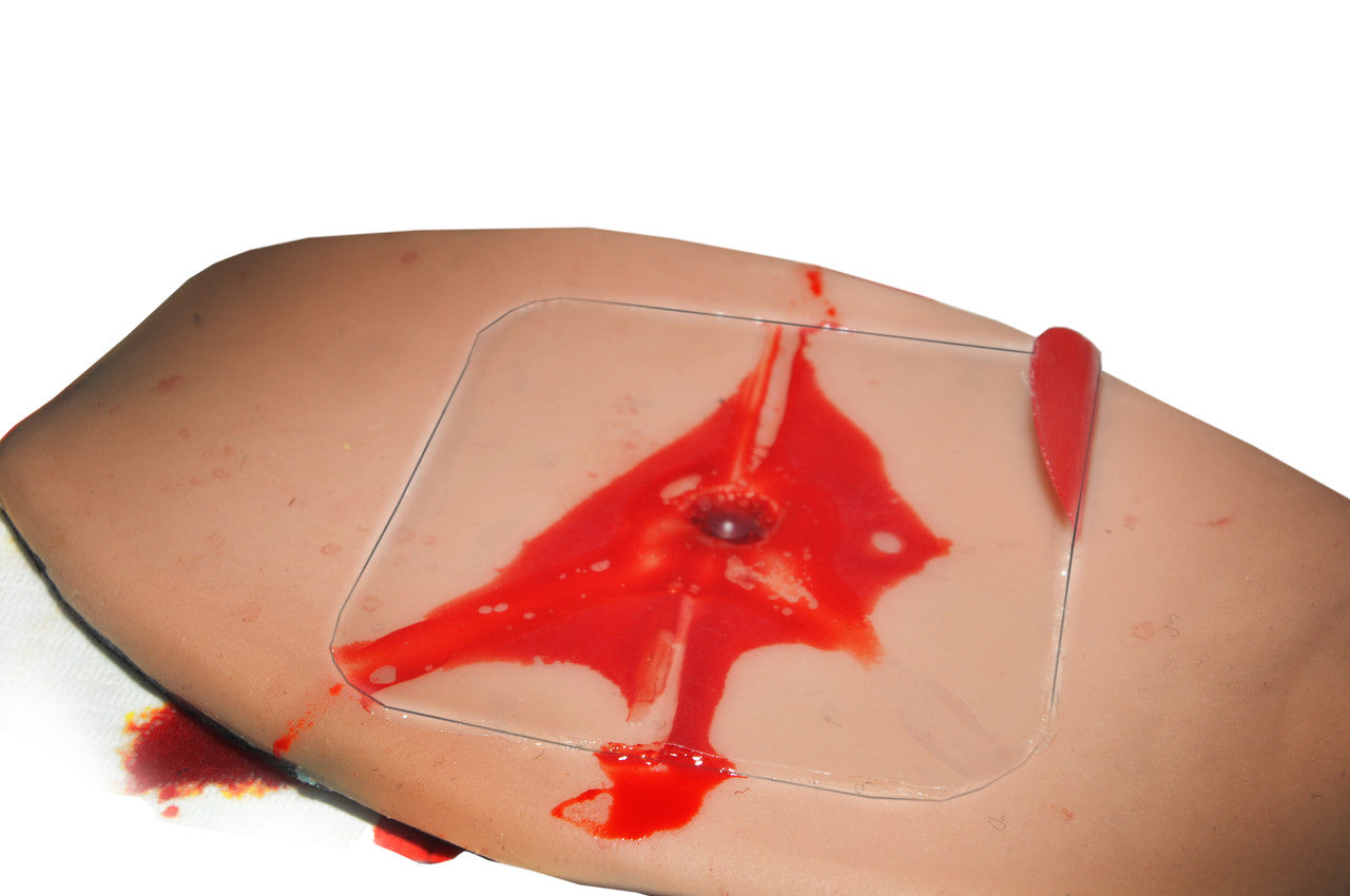 TrueClot Chest Seal Application Trainer, Light Skin Tone in use